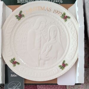 Belleek Cream Christmas Plate with Gold and Green Accents